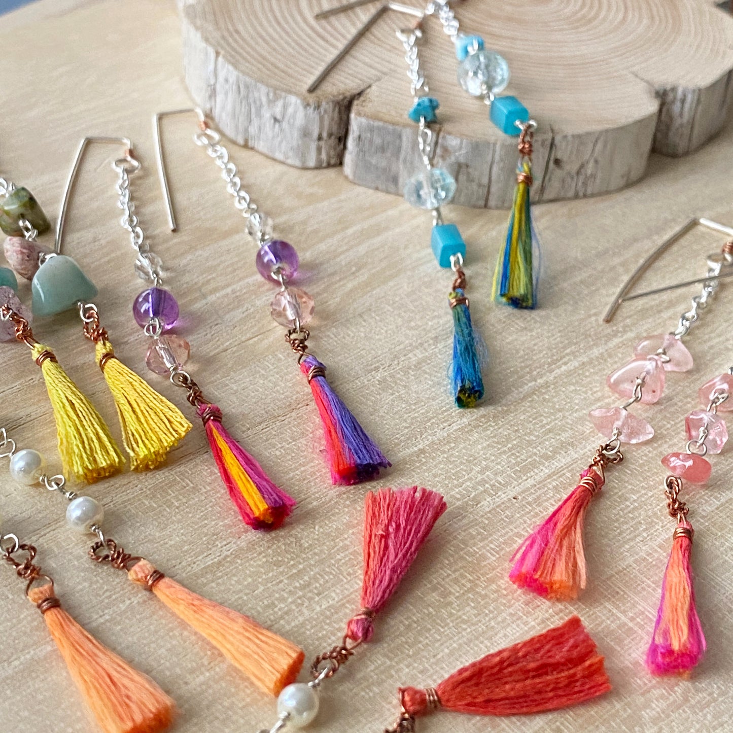 Yasi | Silver Chain Long Pink Tassel Earrings