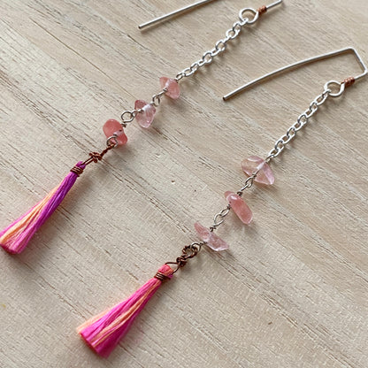 Yasi | Silver Chain Long Pink Tassel Earrings
