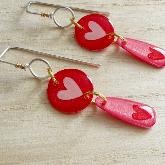 Heart Drop Earrings | Red and Pink