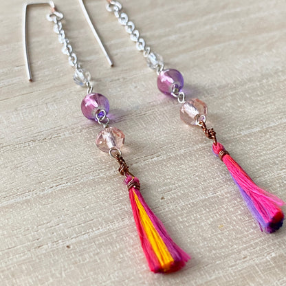 Yasi | Silver Chain Long Purple Sunset Tassel Earrings