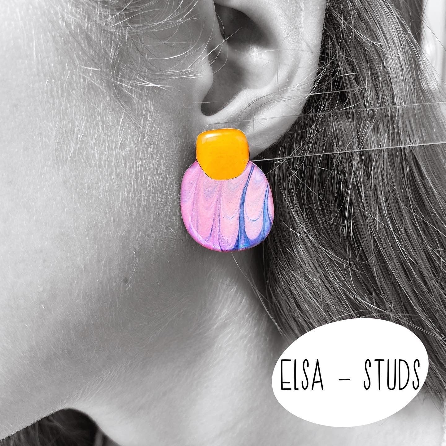 Lacroz Creations Earrings Elsa | Green & Pink Organic Square Stud Earrings.